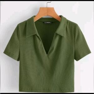 SHEIN Olive V Neck Collar Shirt